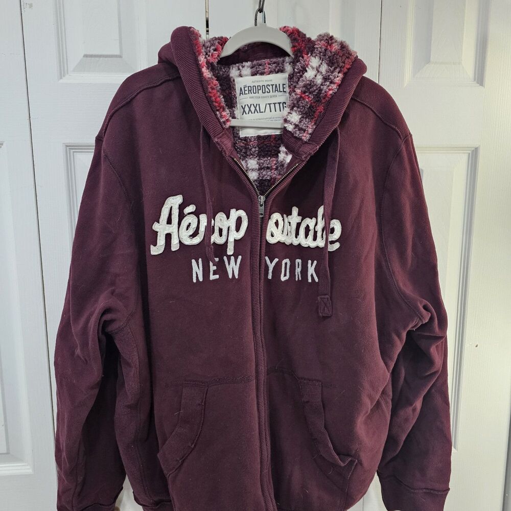 Vintage Y2K Aeropostale Maroon Embroiderd  Sherpa Lined Fleece Zip Hoodie XXXL
